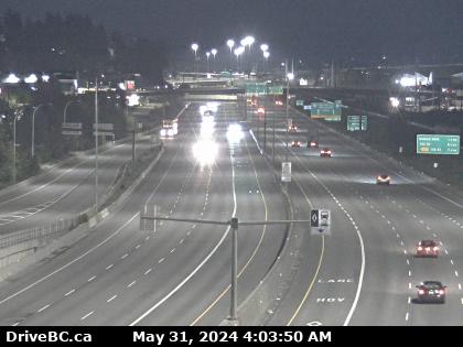 Traffic Cam Hwy-1 in Coquitlam, east of the Brunette Ave overpass, looking west. (elevation: 5 metres) <div style='font-size:8pt;font-style:italic'> <br>View will change temporarily when operators monitor incidents and traffic flow. </div>